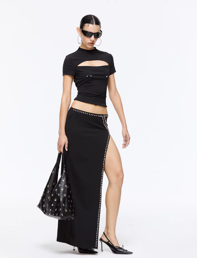 Rivet Noir High-Slit Maxi Skirt