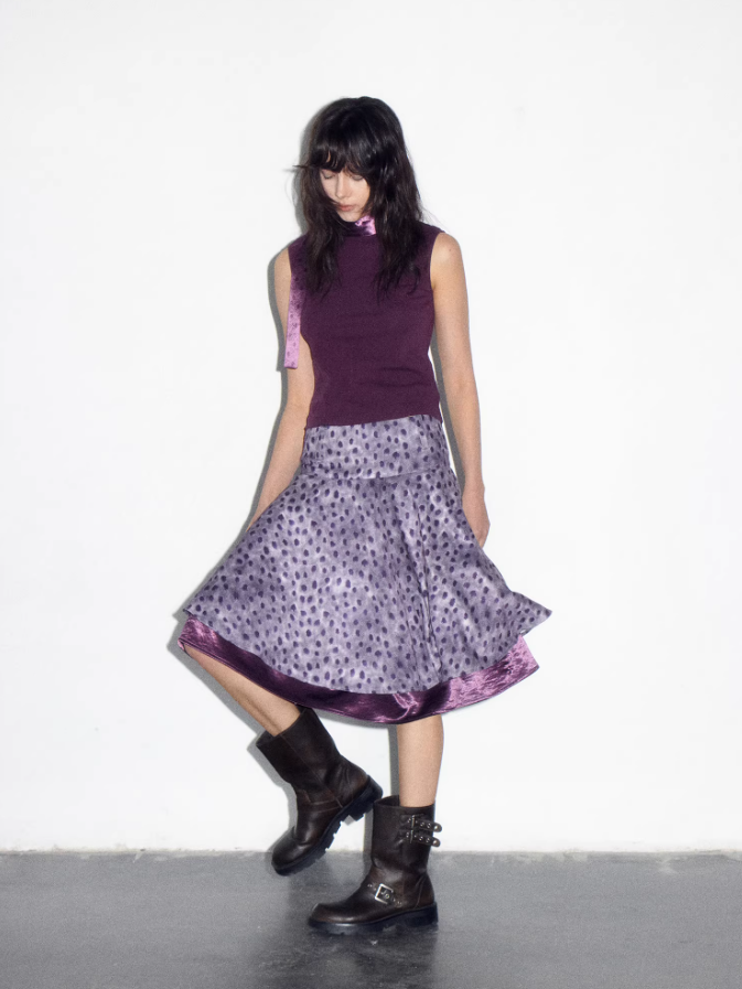 Blurred Dot Satin Midi Skirt
