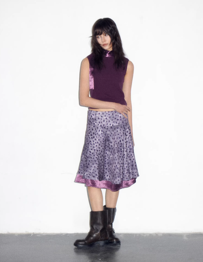 Blurred Dot Satin Midi Skirt