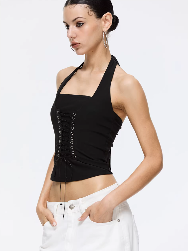 Midnight Lace-Up Halter Corset Top