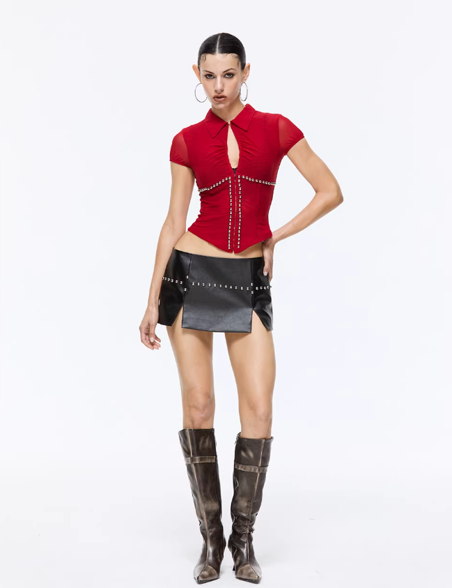 Midnight Rivet Faux-Leather Mini Skirt