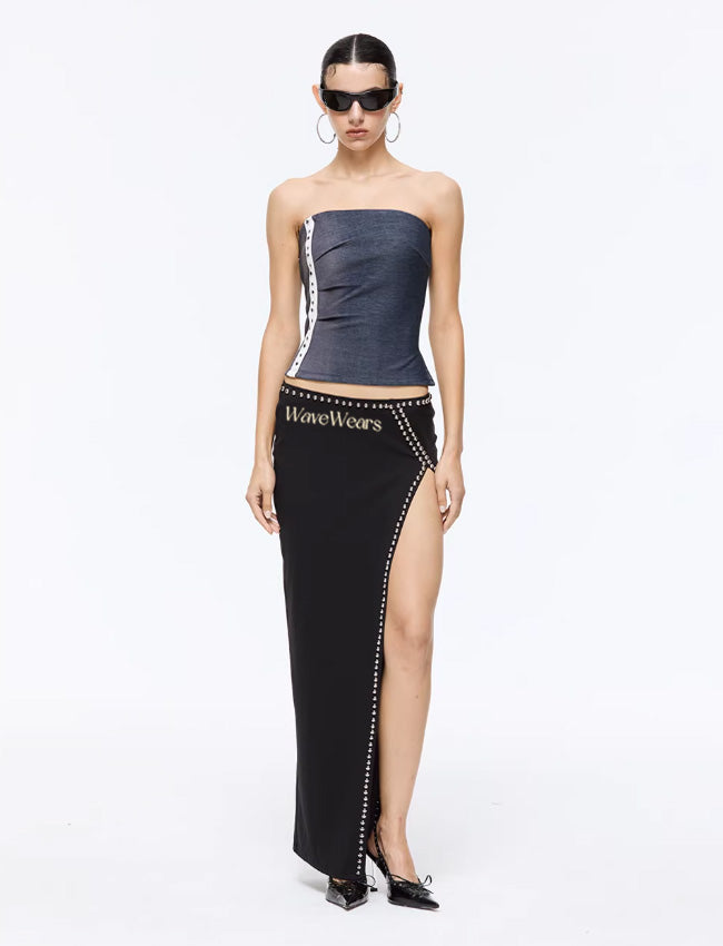 Rivet Noir High-Slit Maxi Skirt