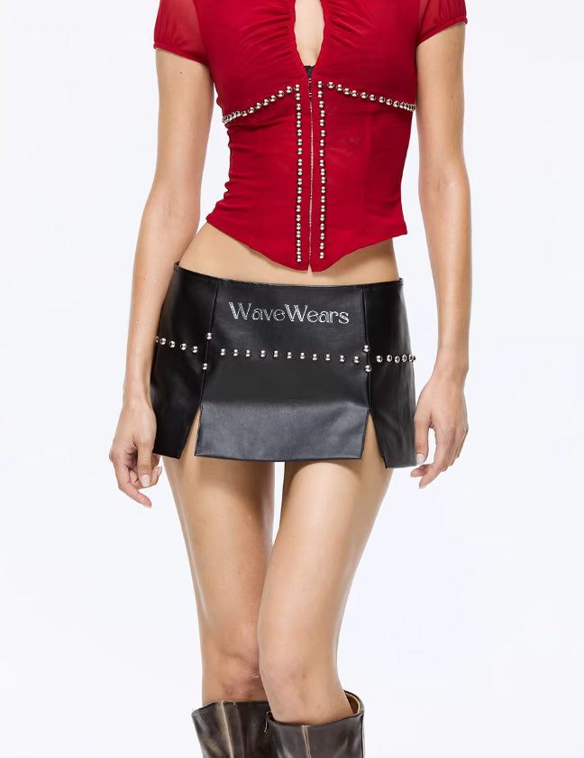 Crimson Mesh Rivet Crop Shirt