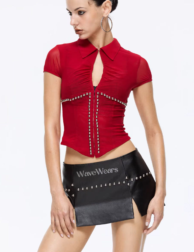 Crimson Mesh Rivet Crop Shirt